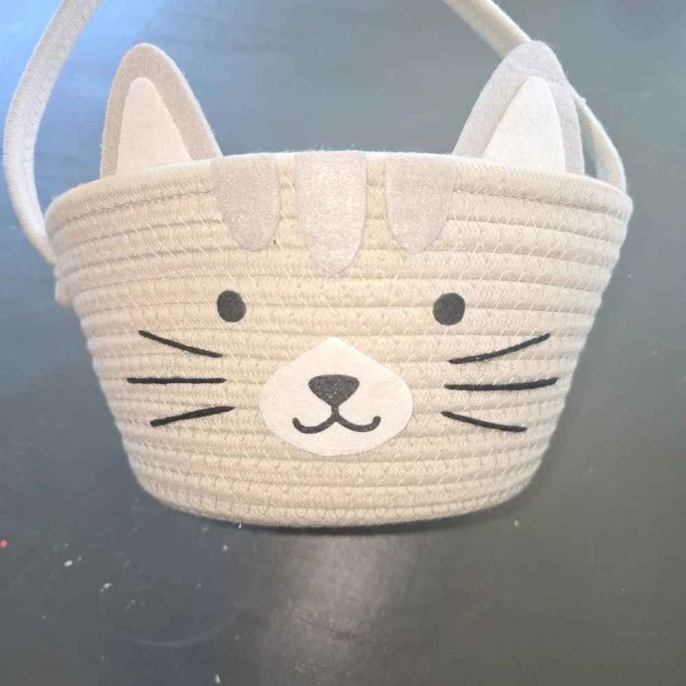 Cat‎ Face Coiled Rope Basket Cream Small Storage Bin with Handle Nursery